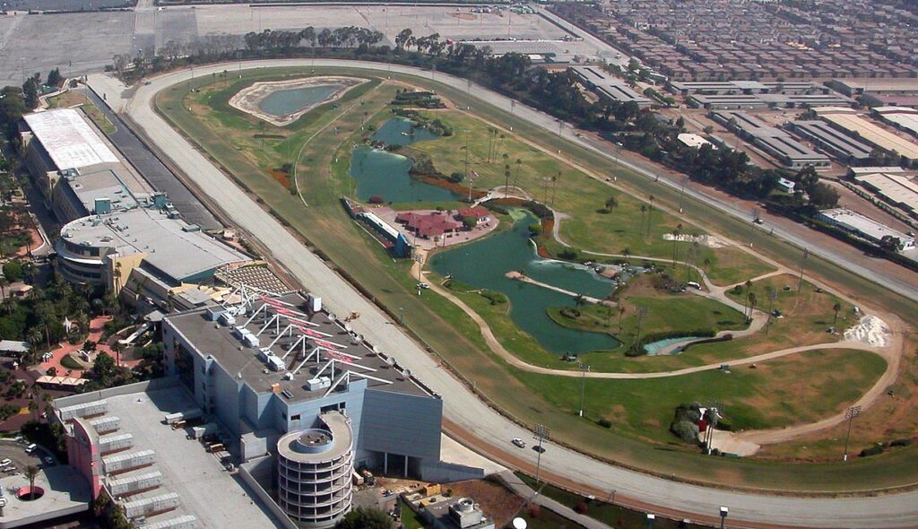 Overhead view of old Hollywood Park racetrack