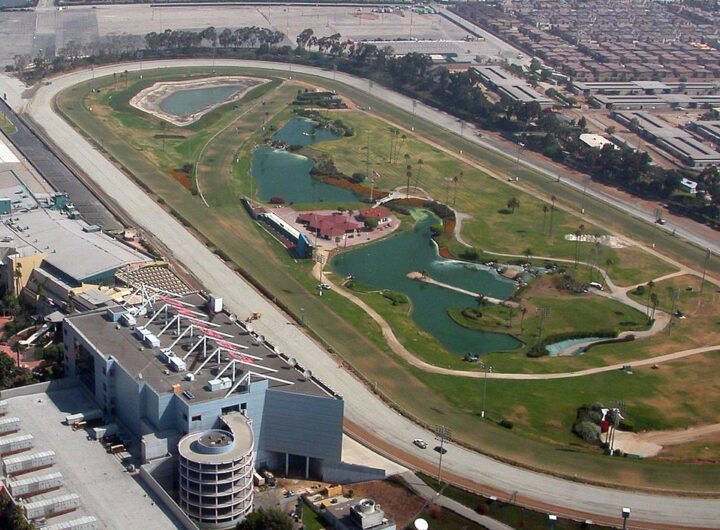 Overhead view of old Hollywood Park racetrack